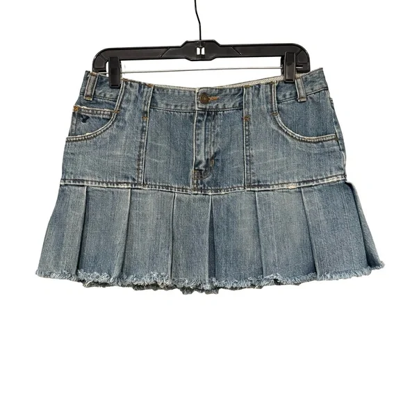 Y2k American Eagle Distressed Micro Denim Pleated Mini Skirt Fringe Hem, Sz 6 - Picture 1 of 14